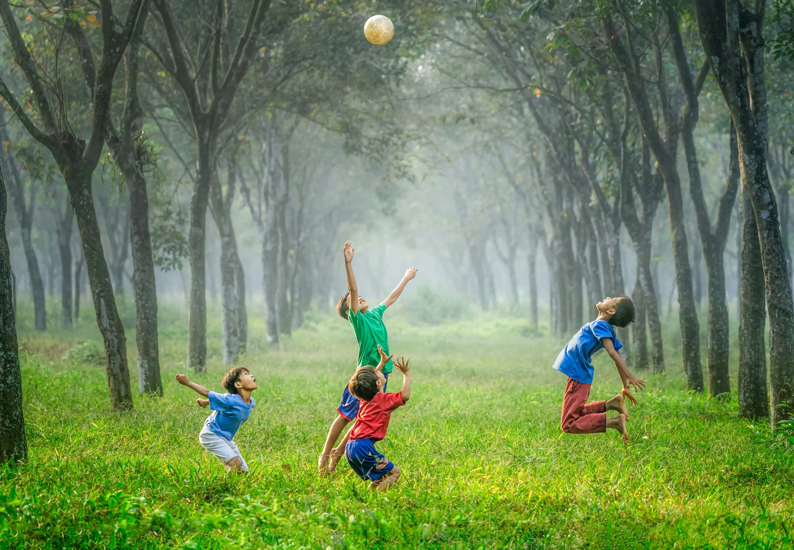 Four children joyfully jumping to catch a ball together in a misty, tree-lined field