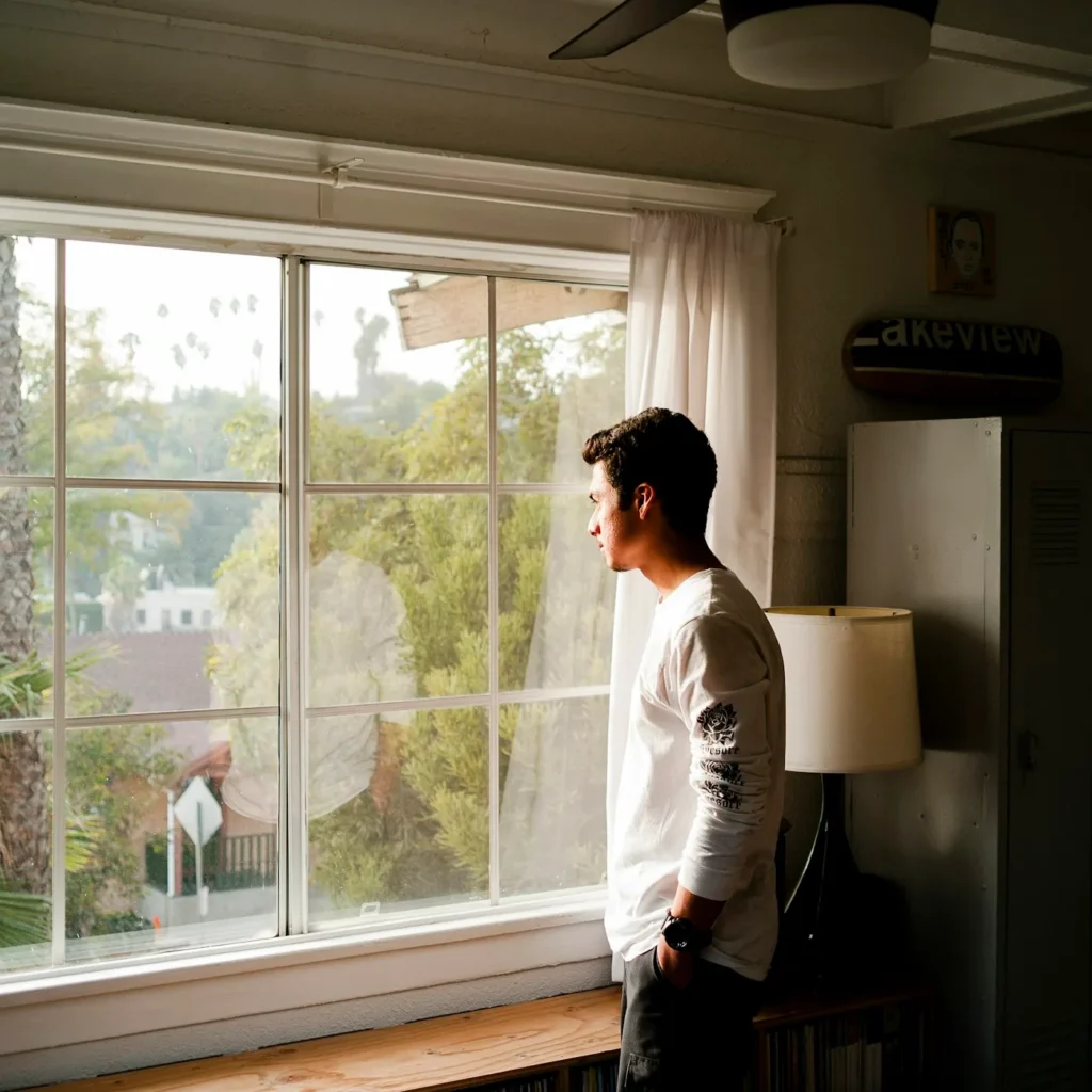 Un hombre mirando por una ventana con luz natural