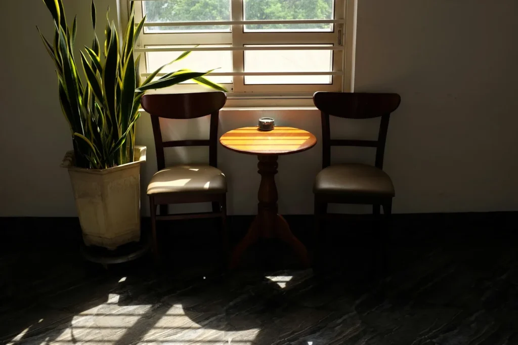 Dos sillas, una mesa pequeña y una planta junto a una ventana soleada en un consultorio
